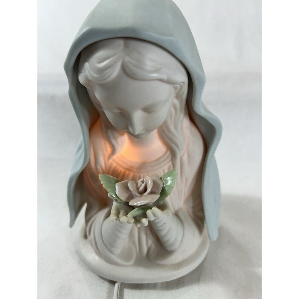 Lighted Madonna Virgin Mary Figurine Lamp Malco Bisque Style Night Light Working